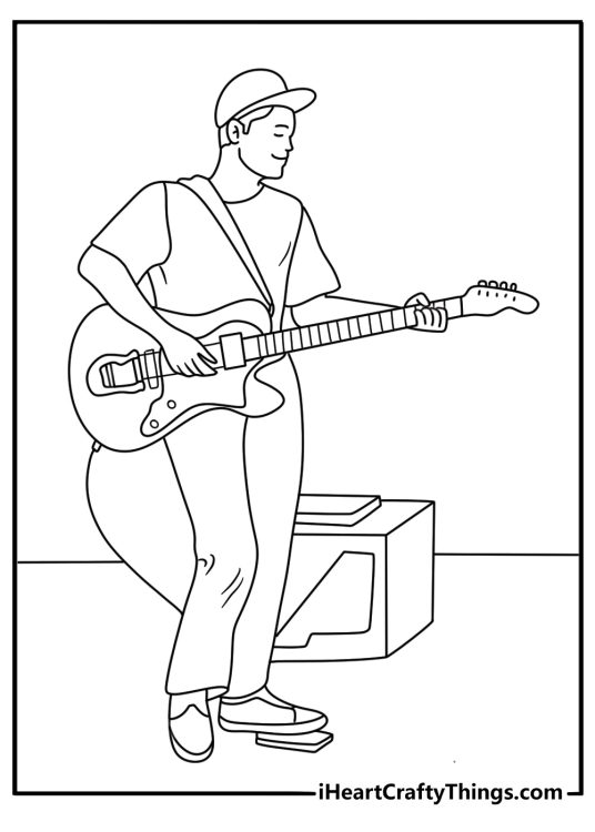 Free music coloring page featuring a guitarist using a foot pedal