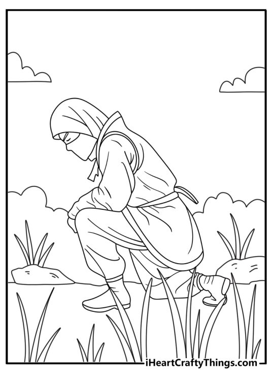 Free ninja printable with a stealth fighter crawling through tall grass