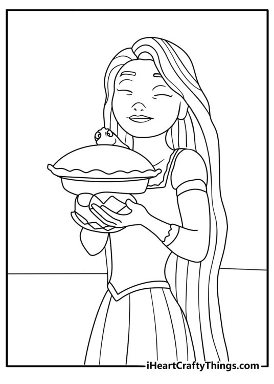 Free princess coloring page showing Rapunzel baking bread in the kitchen