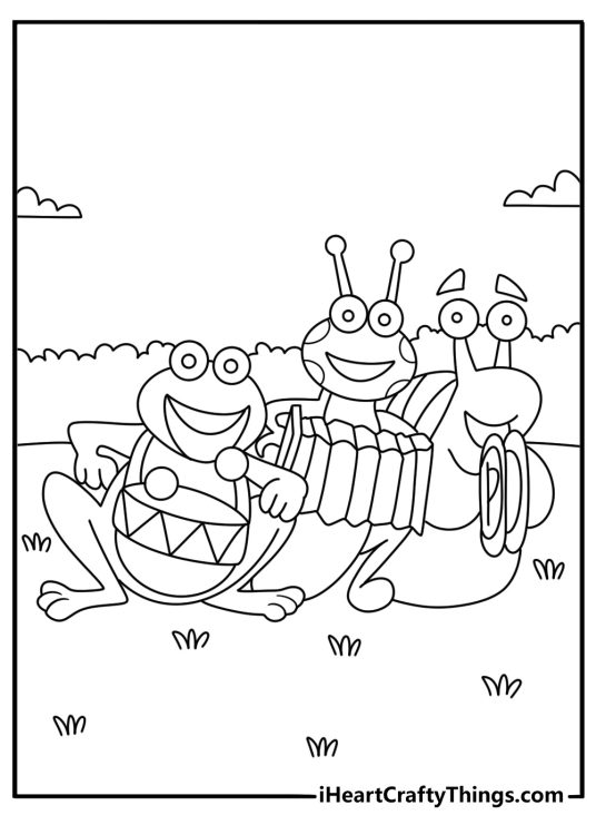 Free printable Dora coloring sheet showing the Fiesta Trio playing instruments