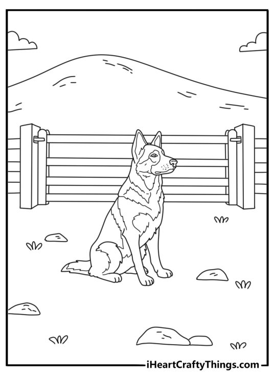 Free printable German Shepherd coloring pages with dog watching over farm gate