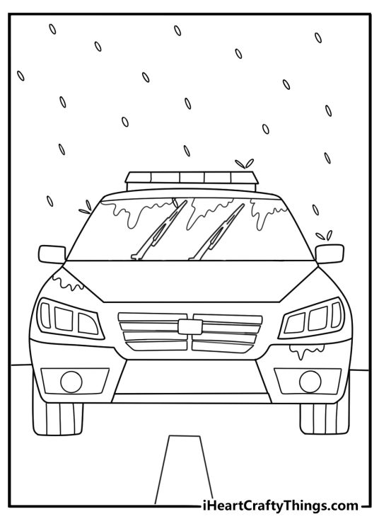 Free printable coloring picture of patrol car under rain with windshield wipers on
