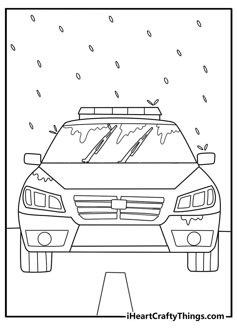 Free printable coloring picture of patrol car under rain with windshield wipers on