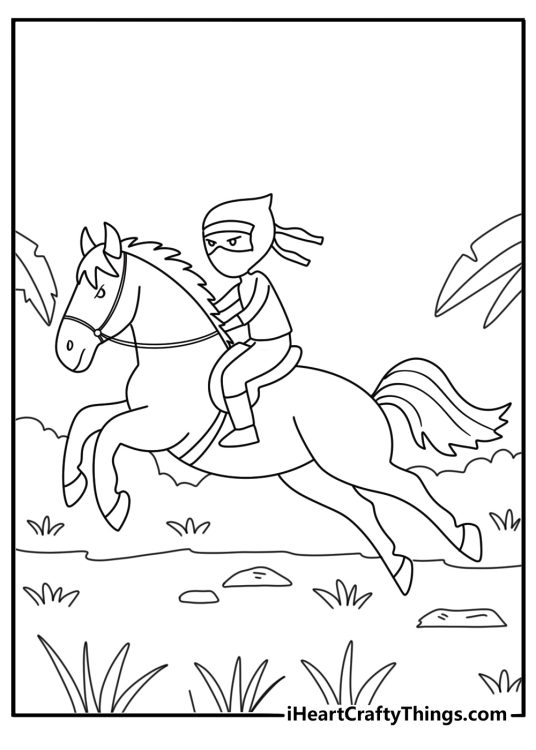 Free printable coloring sheet of a ninja riding a horse along a forest path