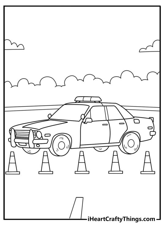 Free printable coloring sheet showing patrol car at a roadblock with traffic cones