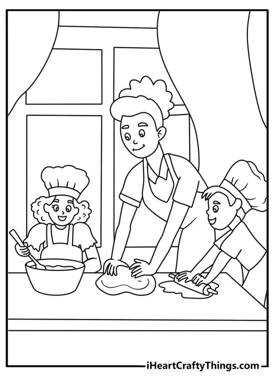 Free printable family sheet featuring siblings baking bread with their mother