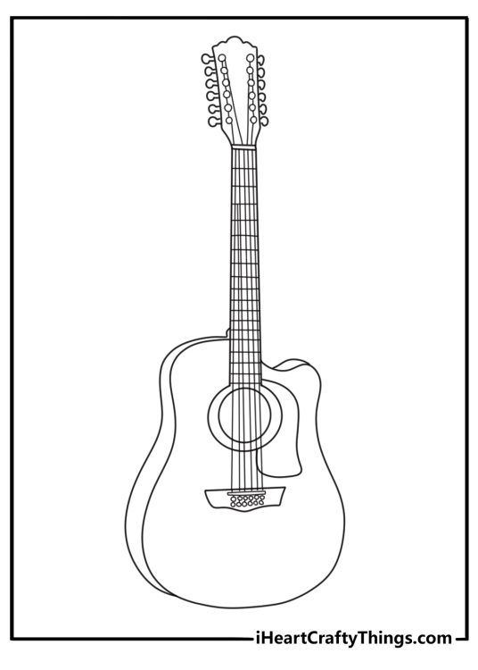 Free printable featuring a twelve string guitar with a wide headstock