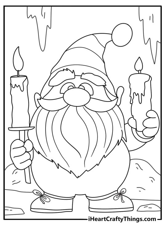 Free printable gnome coloring sheet with a gnome holding a candle in a cave