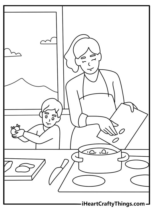 Free printable scene showing parents teaching children how to cook soup