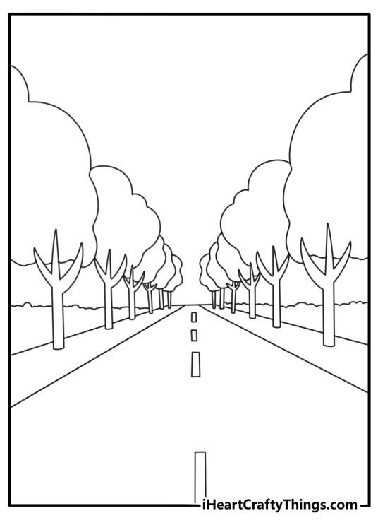 Free tree coloring pages printable with a tree lined road