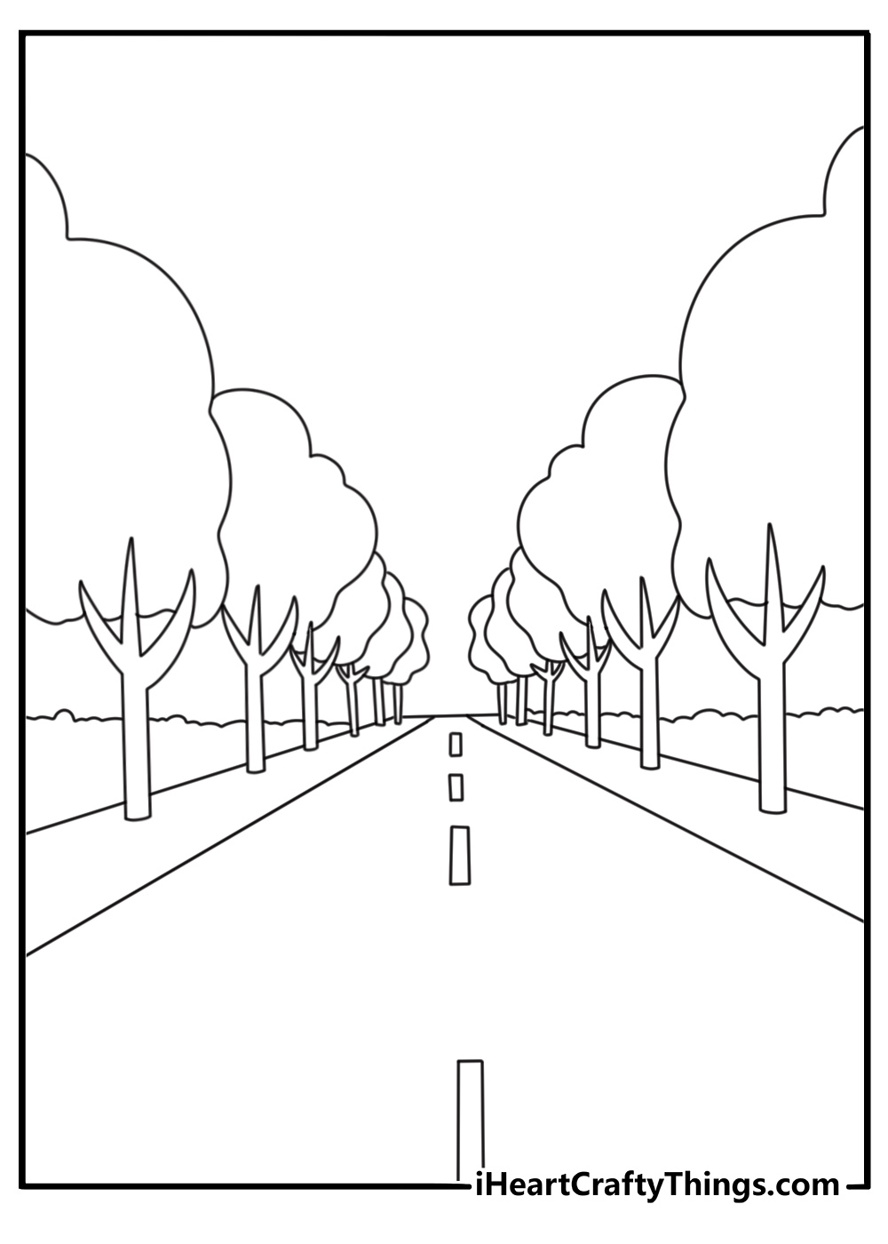 Free tree coloring pages printable with a tree lined road
