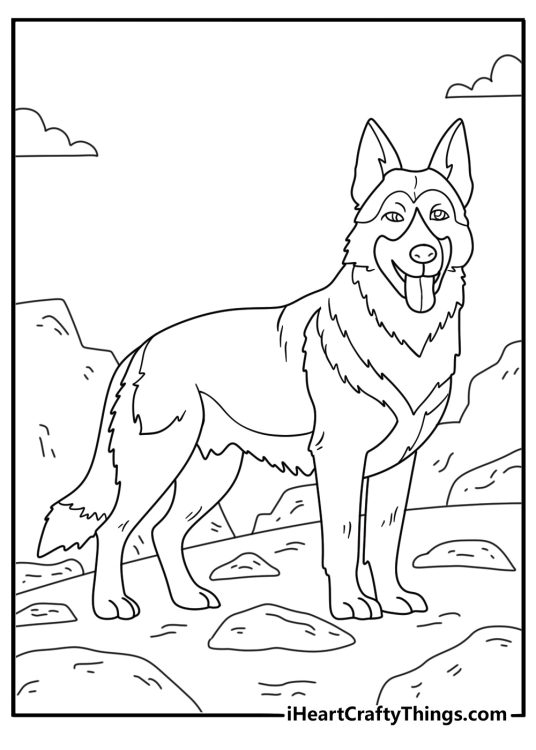 German Shepherd coloring page with dog climbing rocky hill terrain