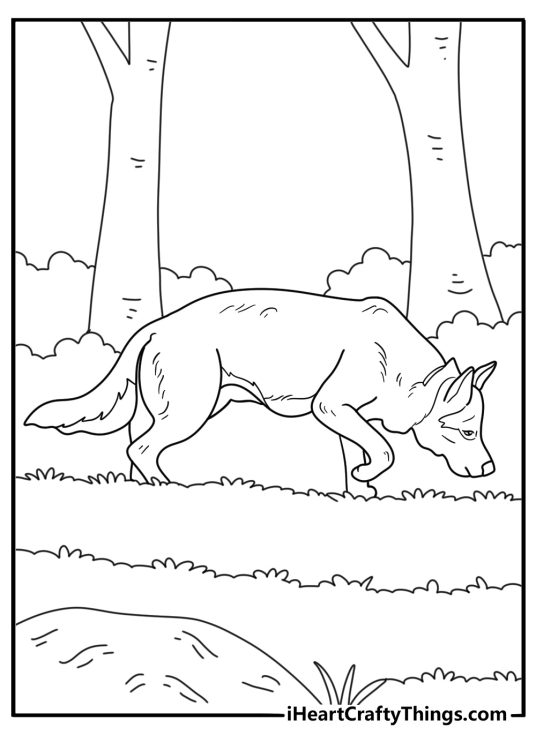 German Shepherd coloring page with dog tracking scent trail through forest path