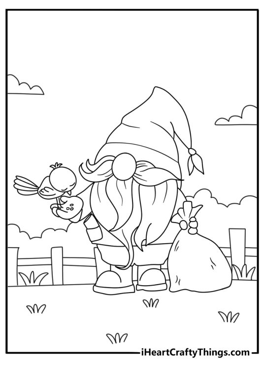 Gnome coloring page for kids with a gnome feeding birds near a fence