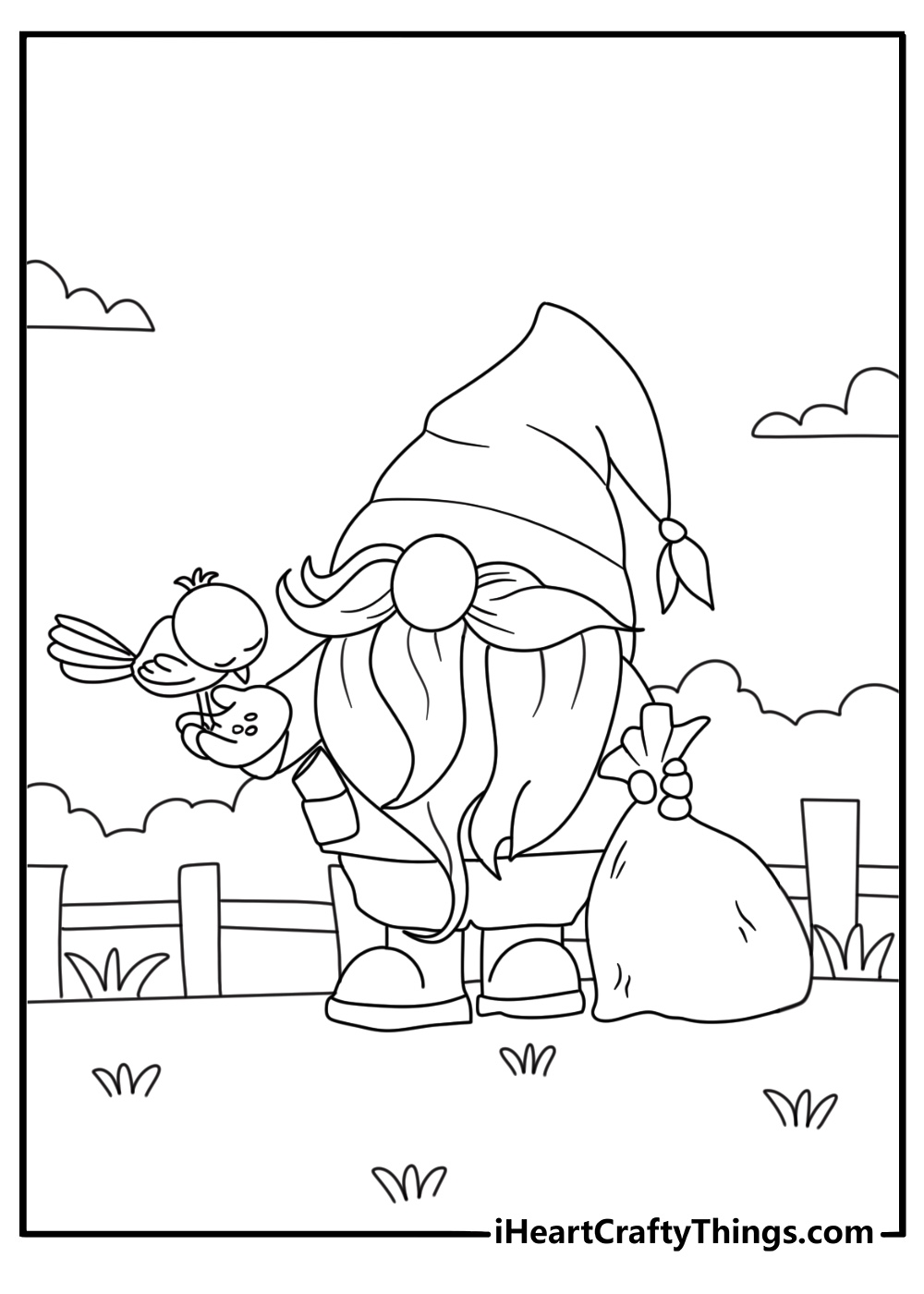 Gnome coloring page for kids with a gnome feeding birds near a fence