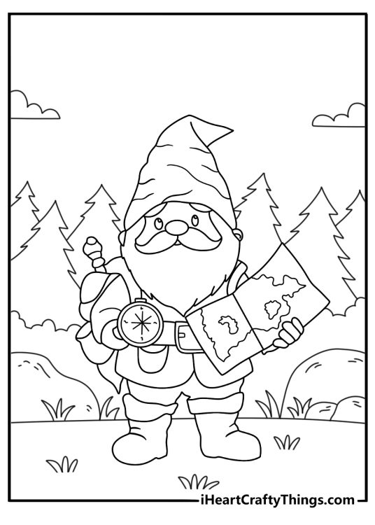 Gnome coloring page with a gnome reading a map beside forest stones