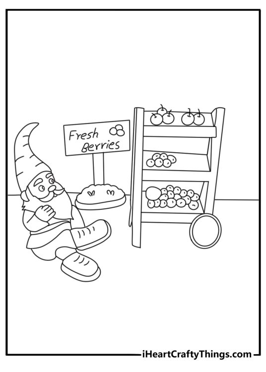 Gnome coloring pages scene with a gnome market stall full of berries