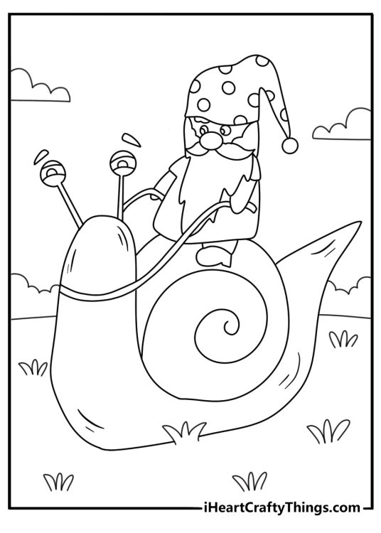 Gnome coloring printable with a gnome riding a snail through the garden