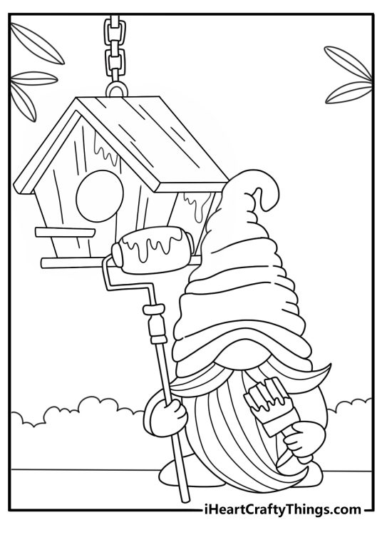 Gnome coloring sheet with a gnome painting a wooden birdhouse