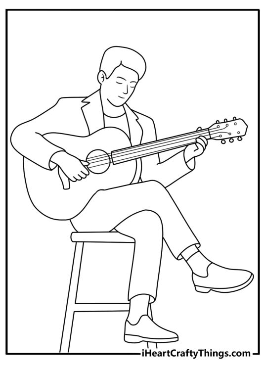 Guitar coloring page for kids showing a player practicing basic chords