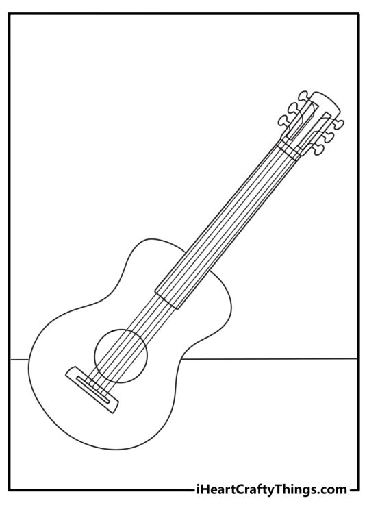 Guitar coloring page showing a classical guitar with nylon strings