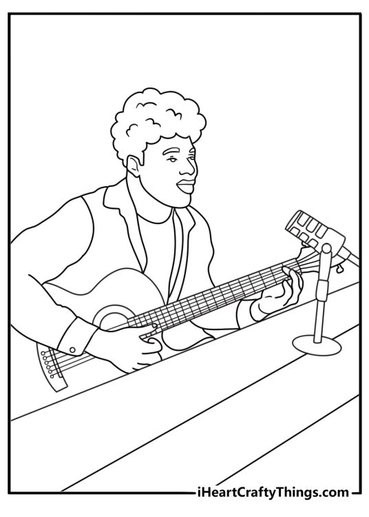 Guitar coloring page showing a musician recording inside a studio booth