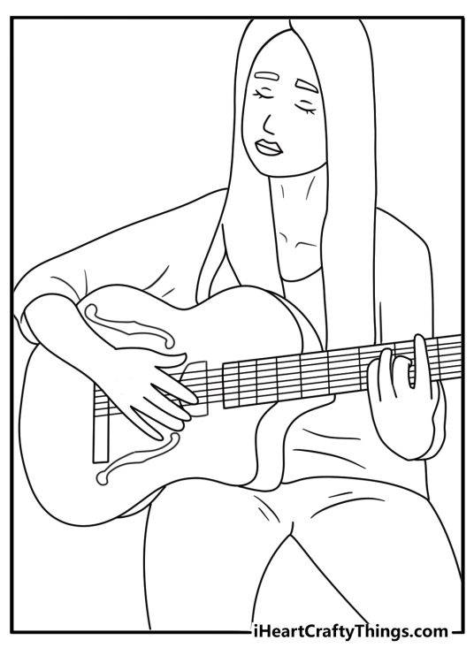 Guitar coloring pages scene featuring a hollow body jazz guitar
