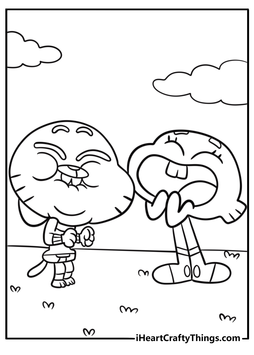 Gumball and Darwin laughing together free coloring page pdf