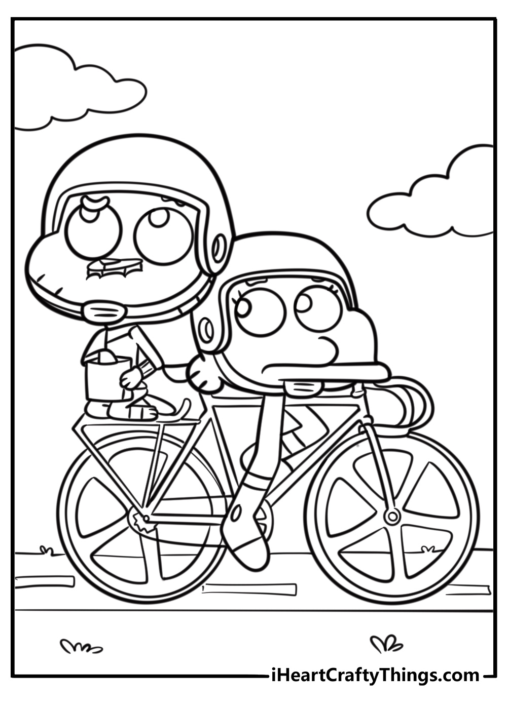 Gumball and Darwin riding a bicycle detailed coloring sheet