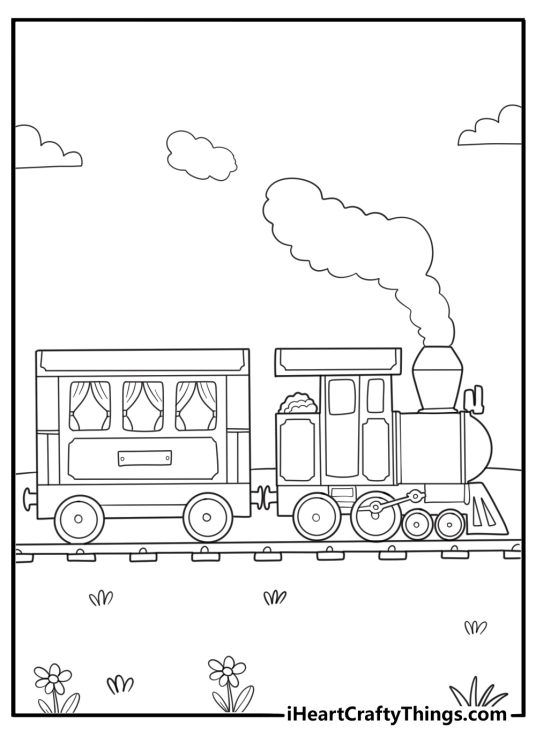 Holiday lights parade train at night cute printable coloring page for kids