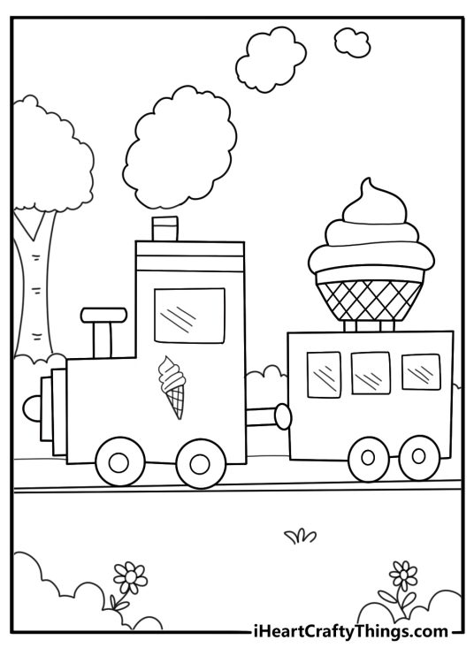 Ice cream themed kids mini train ride at park kawaii coloring sheet