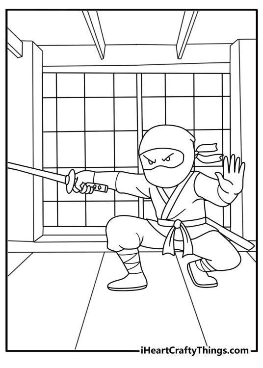 Kawaii ninja coloring page with a tiny warrior inside a dojo