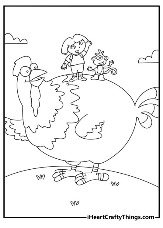 Kids can color Dora helping the Big Red Chicken near a hill