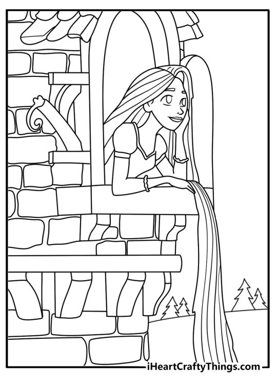 Kids can color Rapunzel looking through the tower window