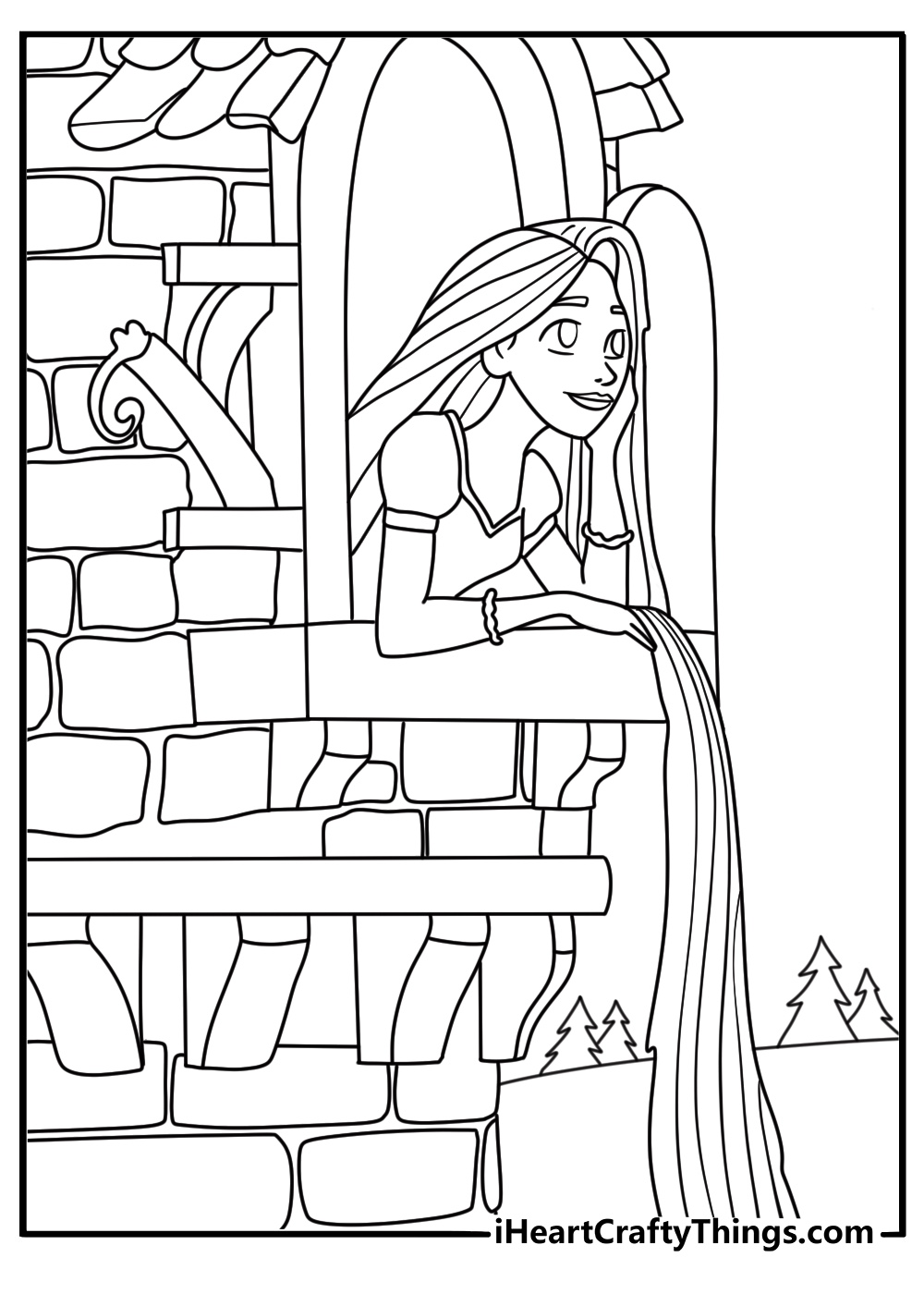 Kids can color Rapunzel looking through the tower window