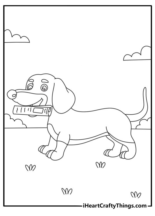 Kids can color a dachshund carrying a rolled newspaper
