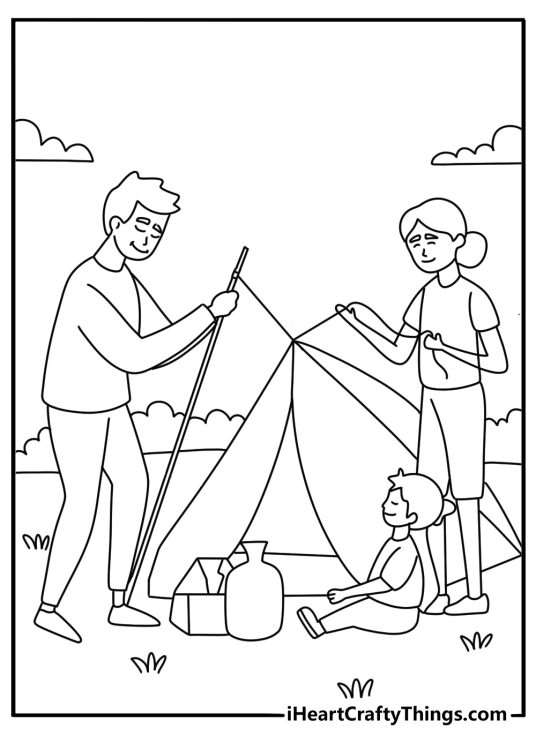 Kids can color a family setting up a tent beside a lake