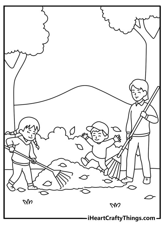 Kids help their father rake autumn leaves in this simple coloring sheet