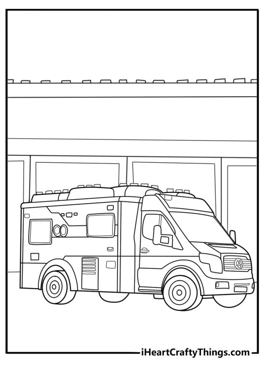 LEGO ambulance outside a clinic simple coloring page download