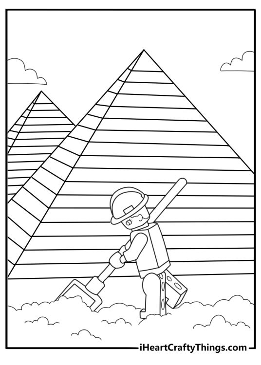 LEGO archaeology dig site with pyramid and tools coloring sheet for kids