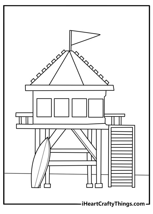 LEGO beach lifeguard tower with surfboard easy coloring page pdf