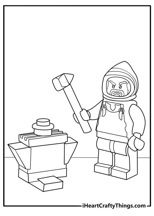 LEGO blacksmith forge with anvil and hammer printable coloring page