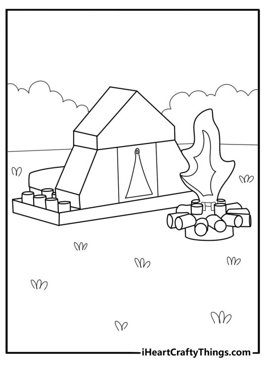 LEGO camping scene with tent and campfire printable coloring page