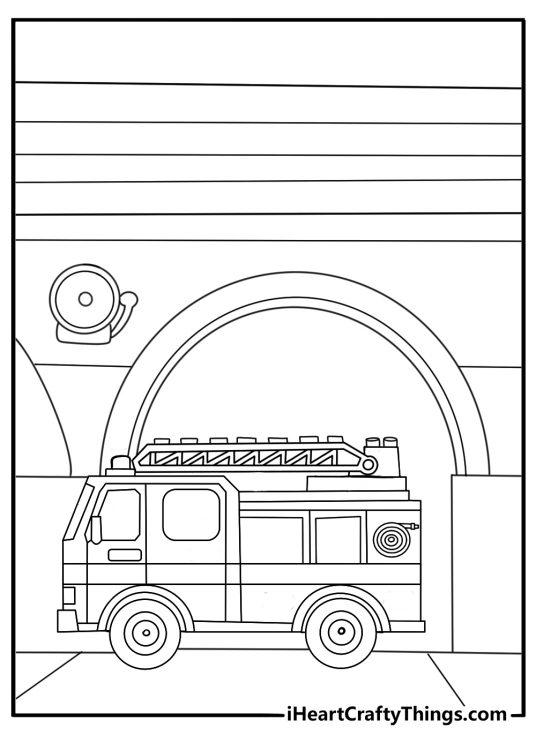 LEGO firefighter fire station garage with alarm bell easy coloring sheet