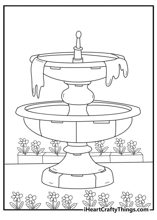 LEGO garden with flowers and a fountain simple coloring sheet pdf