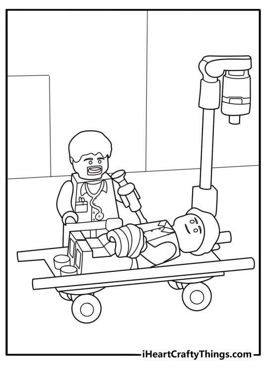 LEGO hospital emergency room with doctor and patient easy coloring sheet pdf