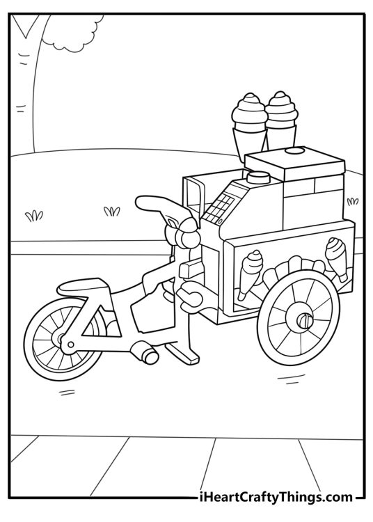 LEGO ice cream cart vendor on a street kawaii coloring page for kids