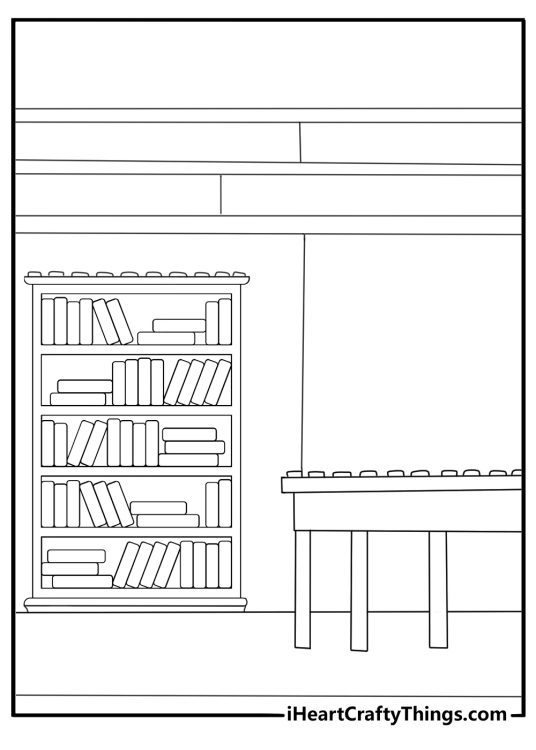 LEGO library with tall bookshelves and reading table detailed coloring sheet for adults