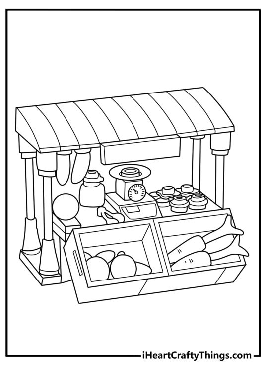 LEGO market stall with fruits and vegetables printable coloring sheet