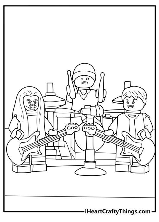 LEGO music band on a stage with drums and guitar free coloring page pdf